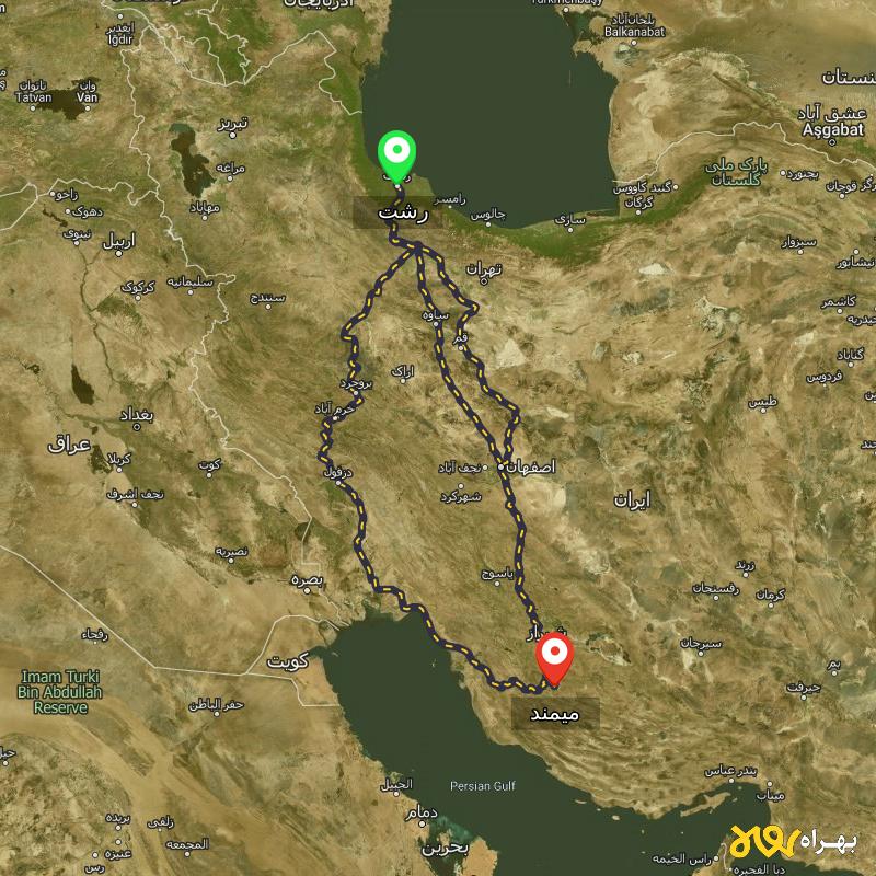 مسافت و فاصله میمند - فارس تا رشت از ۳ مسیر - آذر ۱۴۰۳