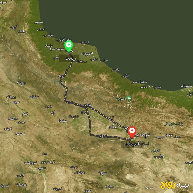 مسافت و فاصله اندیشه تا رشت از ۲ مسیر - بهمن ۱۴۰۳