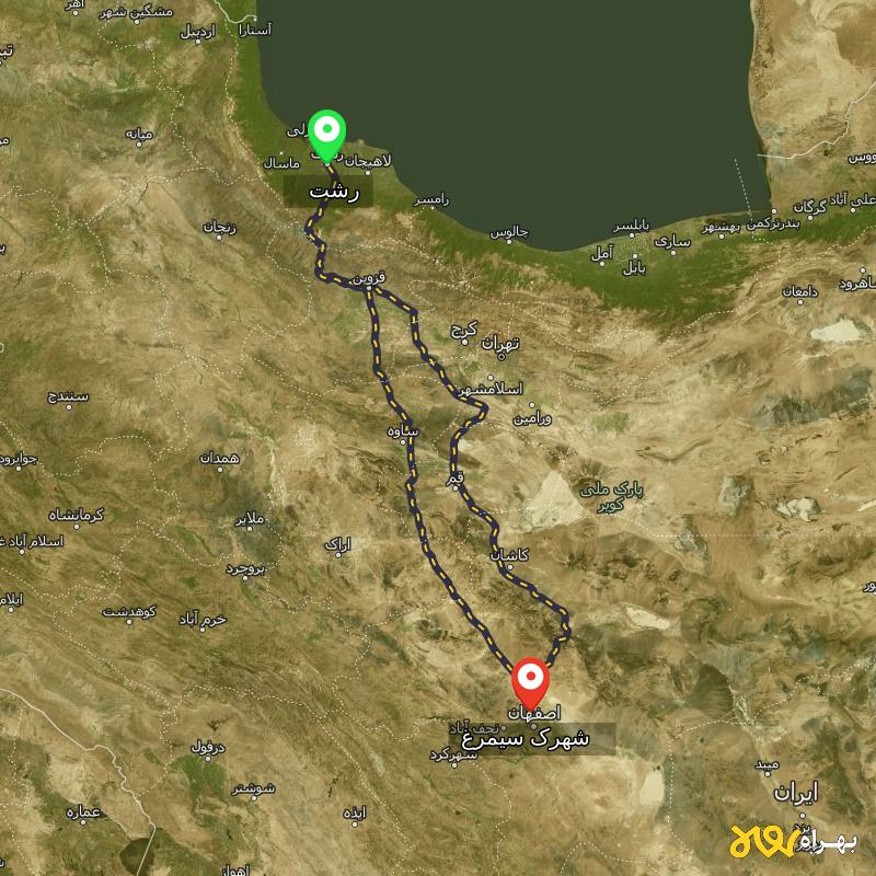 مسافت و فاصله شهرک سیمرغ - اصفهان تا رشت از ۲ مسیر - مرداد ۱۴۰۳