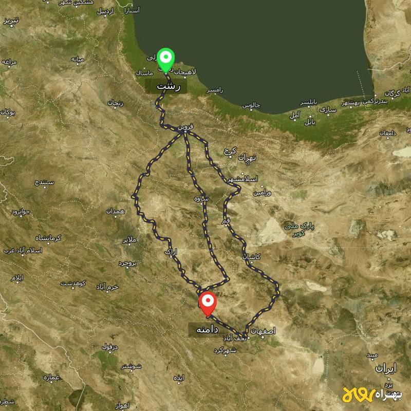 مسافت و فاصله دامنه - اصفهان تا رشت از ۳ مسیر - دی ۱۴۰۳