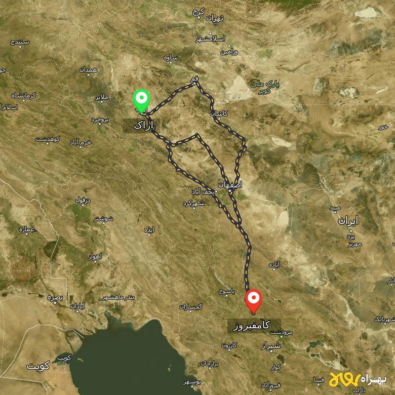 مسافت و فاصله کامفیروز - فارس تا اراک از ۳ مسیر - مهر ۱۴۰۳