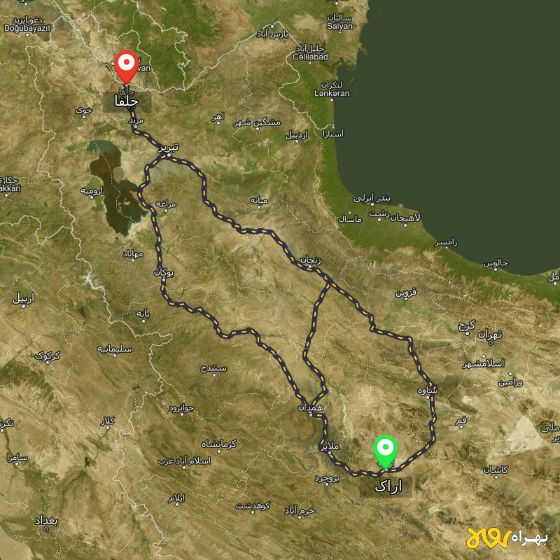 مسافت و فاصله جلفا - آذربایجان شرقی تا اراک از ۳ مسیر - مرداد ۱۴۰۳