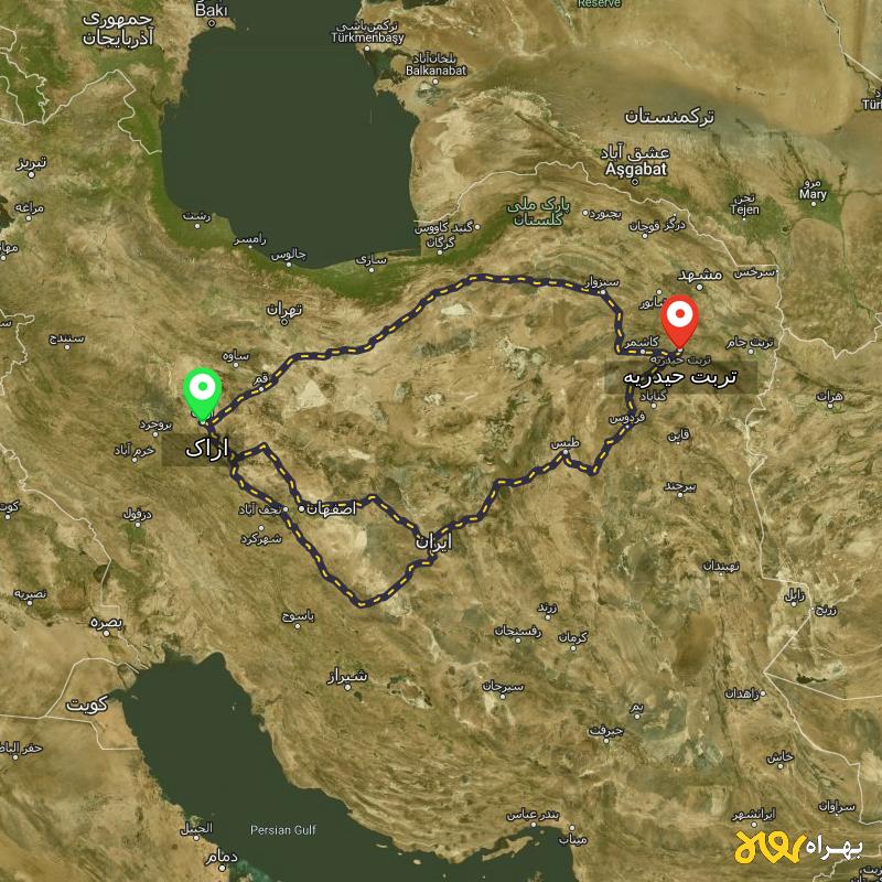 مسافت و فاصله تربت حیدریه - خراسان رضوی تا اراک از ۳ مسیر - آذر ۱۴۰۳