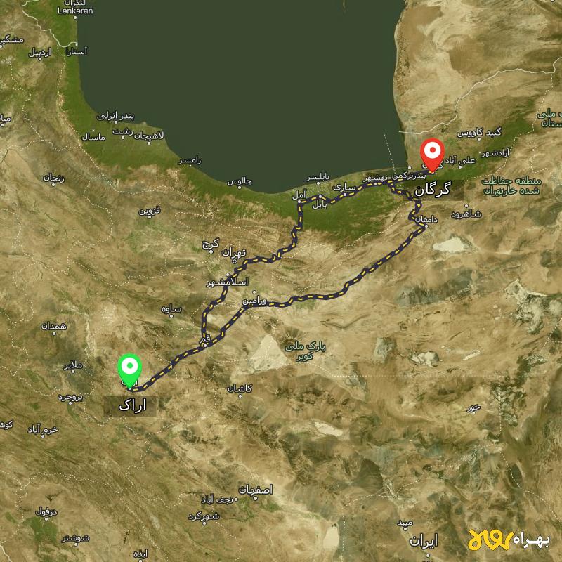مسافت و فاصله گرگان تا اراک از ۲ مسیر - مهر ۱۴۰۳