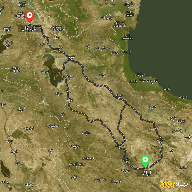 مسافت و فاصله بازرگان - آذربایجان غربی تا اراک از ۳ مسیر - آذر ۱۴۰۳