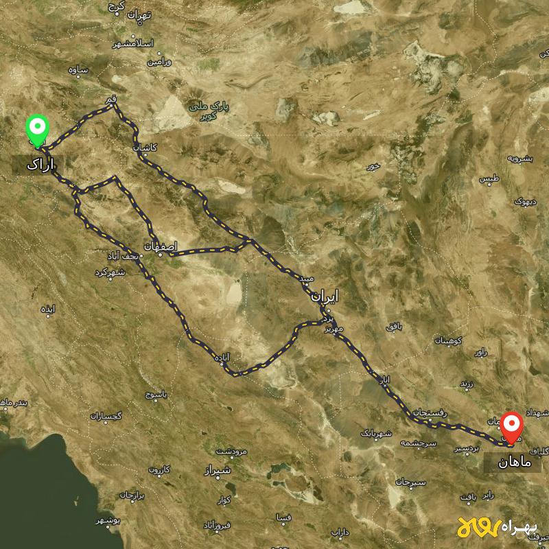 مسافت و فاصله ماهان - کرمان تا اراک از ۳ مسیر - آذر ۱۴۰۳