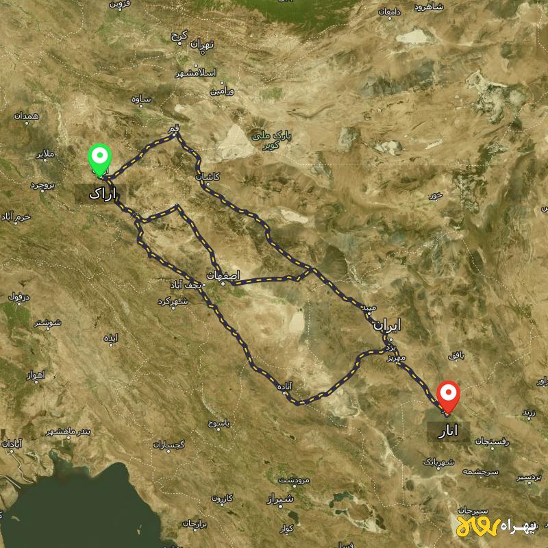 مسافت و فاصله انار - کرمان تا اراک از ۳ مسیر - آذر ۱۴۰۳