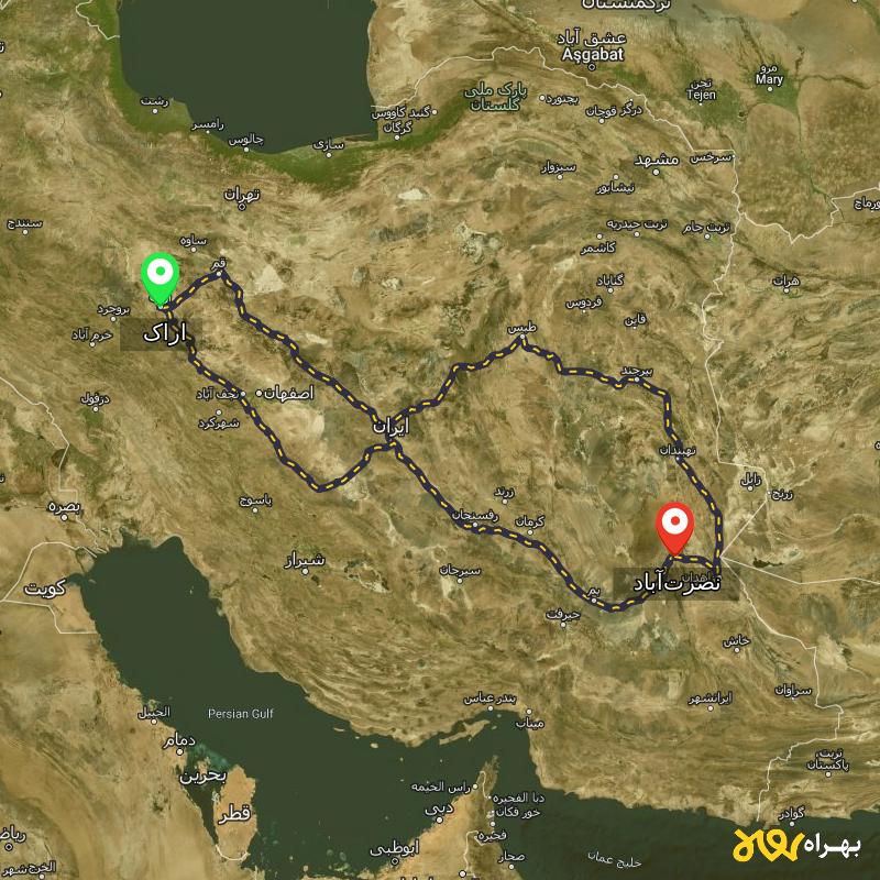 مسافت و فاصله نصرت‌آباد - سیستان و بلوچستان تا اراک از ۳ مسیر - دی ۱۴۰۳