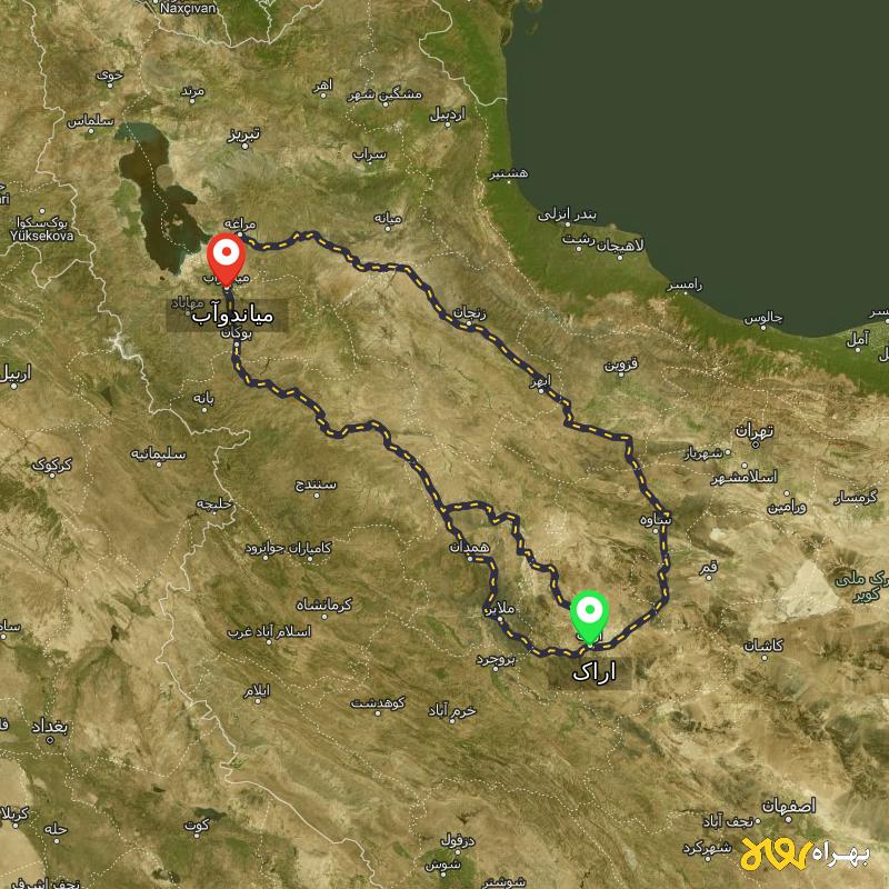 مسافت و فاصله میاندوآب - آذربایجان غربی تا اراک از 3 مسیر - مسیریاب بهراه