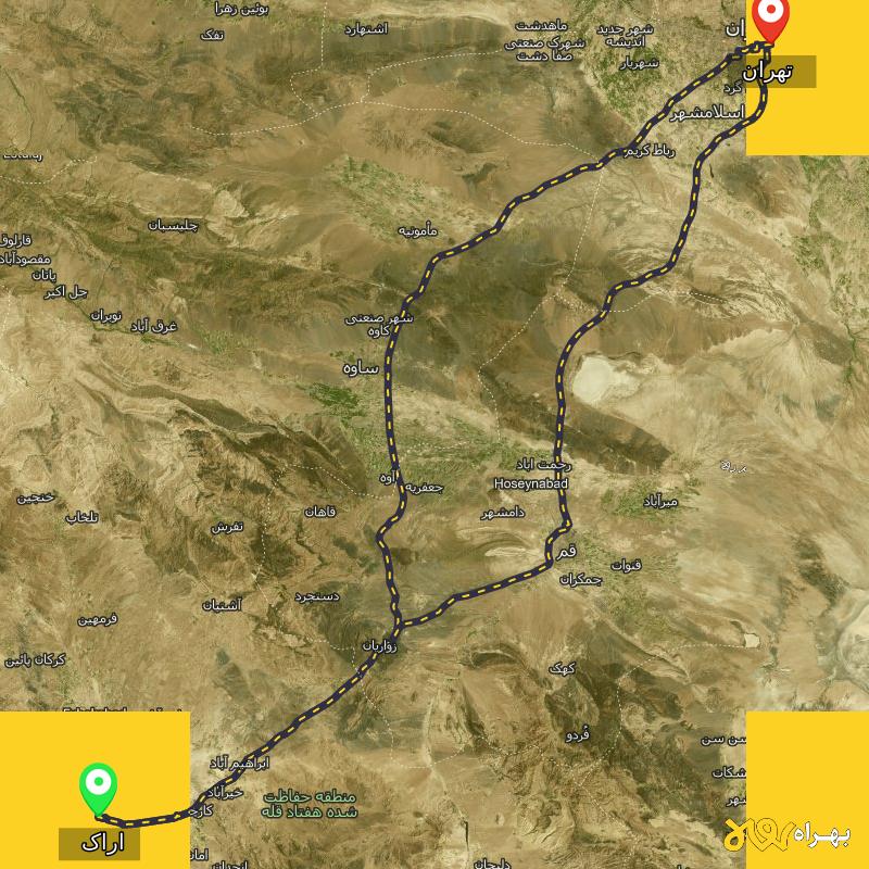مسافت و فاصله تهران تا اراک از ۲ مسیر - مرداد ۱۴۰۳
