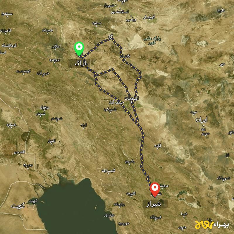 مسافت و فاصله شیراز تا اراک از 3 مسیر - مسیریاب بهراه