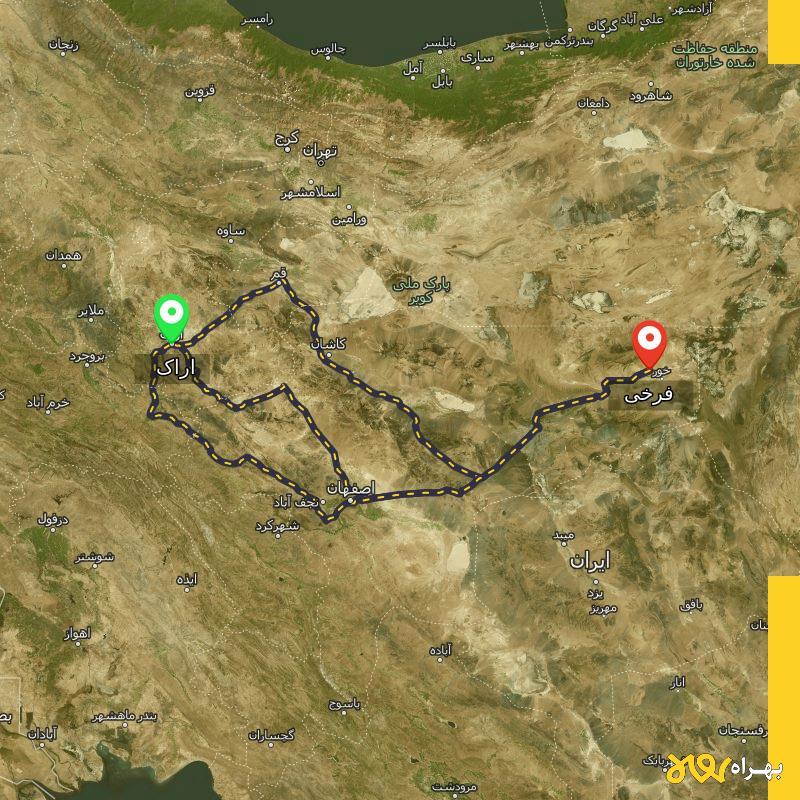 مسافت و فاصله فرخی - اصفهان تا اراک از ۳ مسیر - آذر ۱۴۰۳