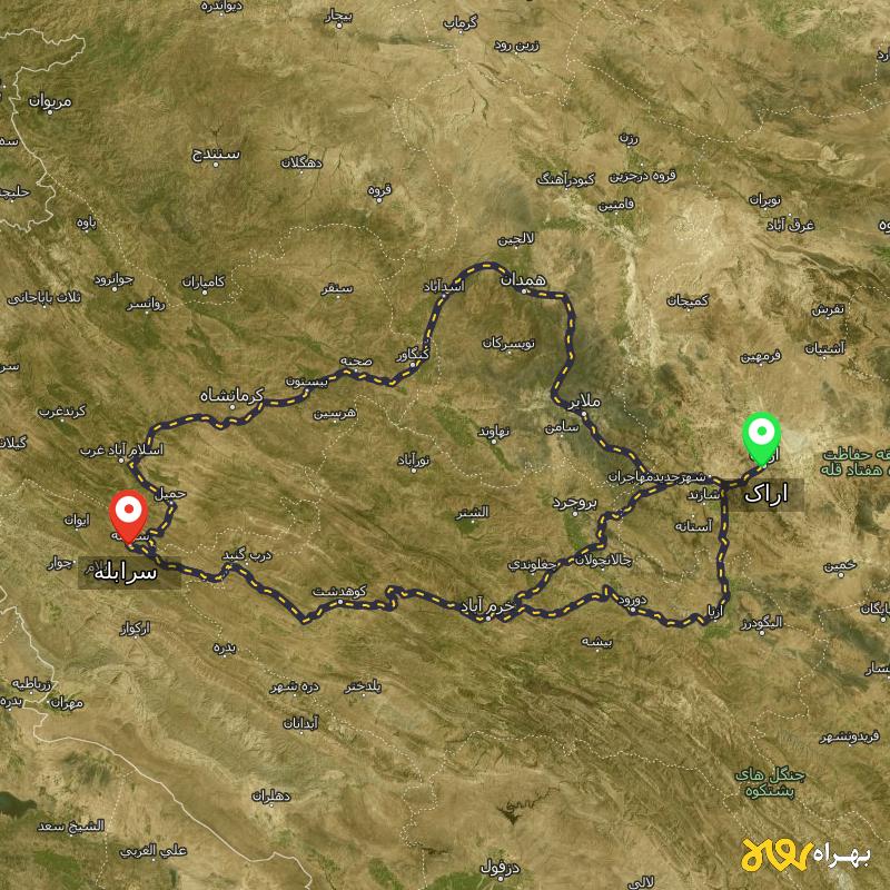 مسافت و فاصله سرابله - ایلام تا اراک از ۳ مسیر - آذر ۱۴۰۳