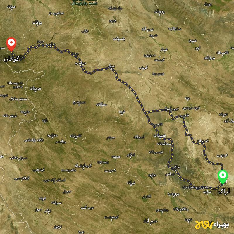 مسافت و فاصله کوخان - کردستان تا اراک از ۲ مسیر - مرداد ۱۴۰۳