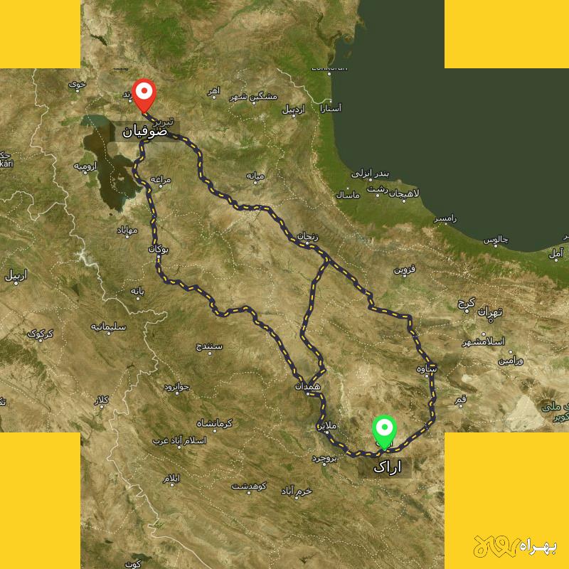 مسافت و فاصله صوفیان - آذربایجان شرقی تا اراک از ۳ مسیر - آذر ۱۴۰۳