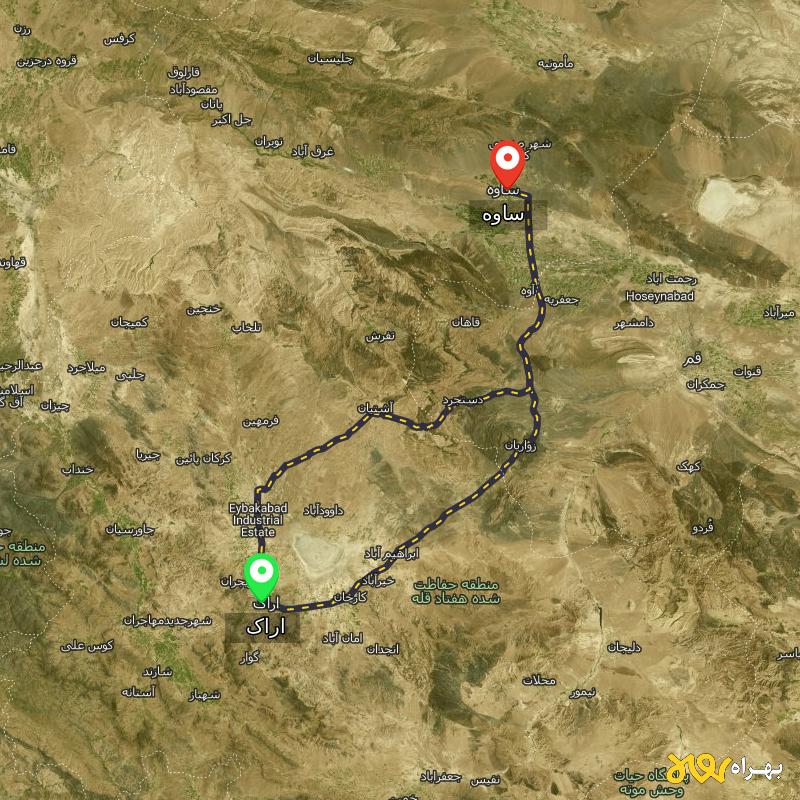 مسافت و فاصله ساوه تا اراک از ۲ مسیر - مرداد ۱۴۰۳