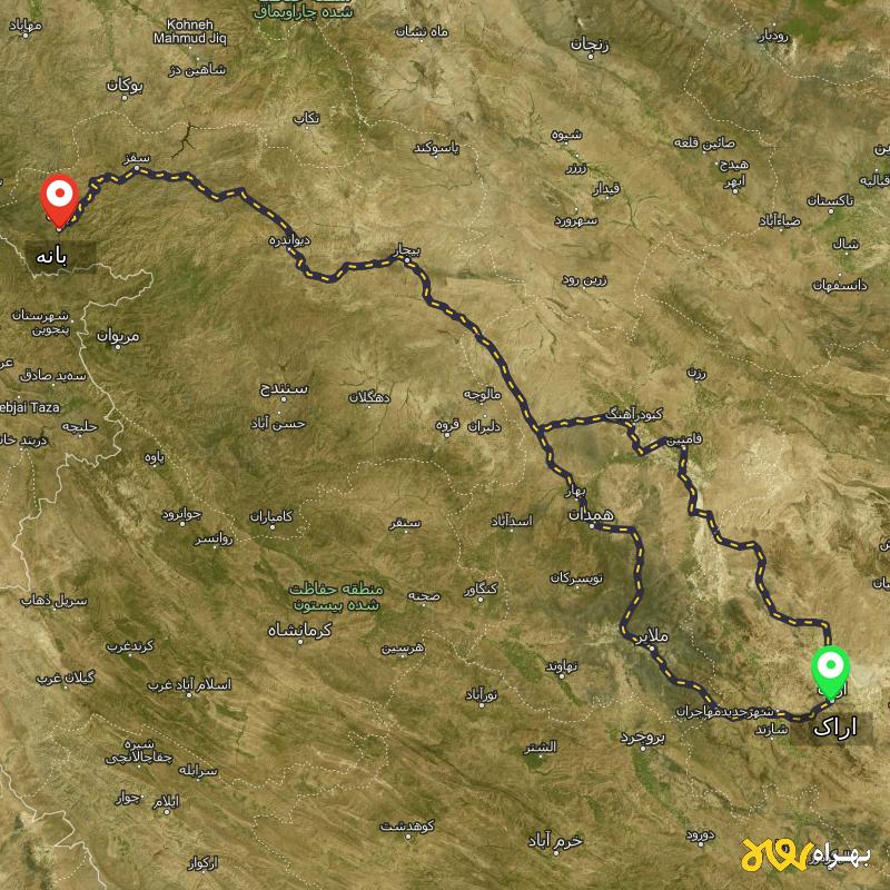 مسافت و فاصله بانه - کردستان تا اراک از ۲ مسیر - اردیبهشت ۱۴۰۳