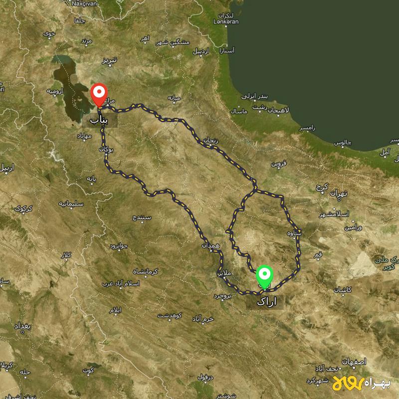 مسافت و فاصله بناب - آذربایجان شرقی تا اراک از ۳ مسیر - مهر ۱۴۰۳