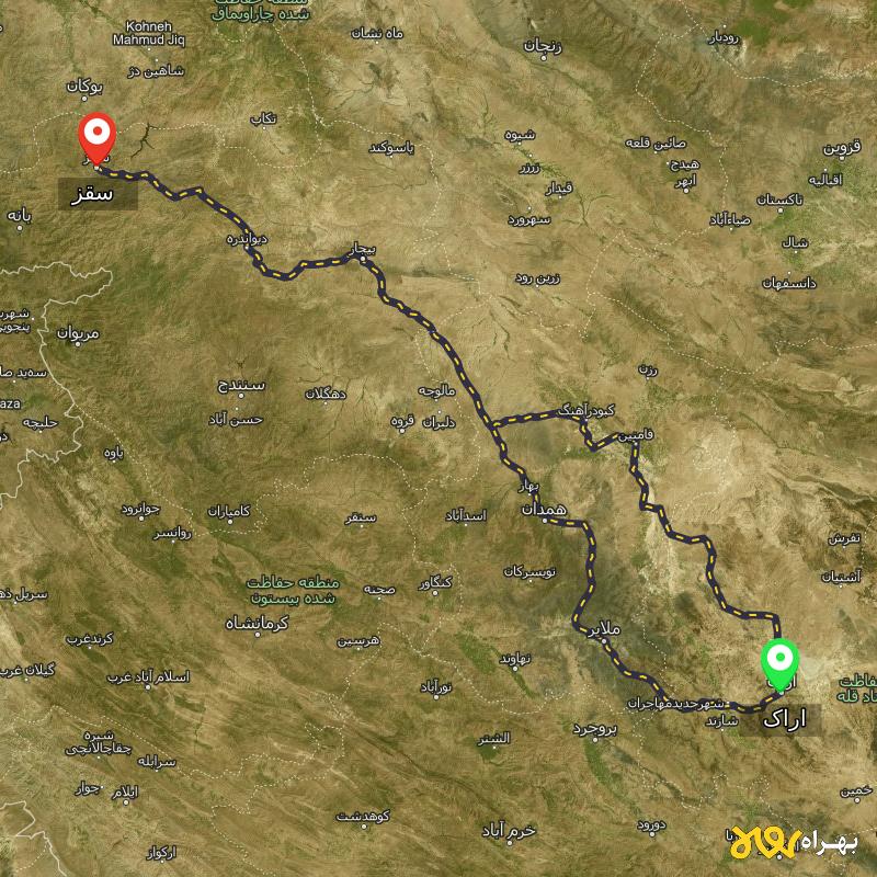 مسافت و فاصله سقز - کردستان تا اراک از ۲ مسیر - مرداد ۱۴۰۳