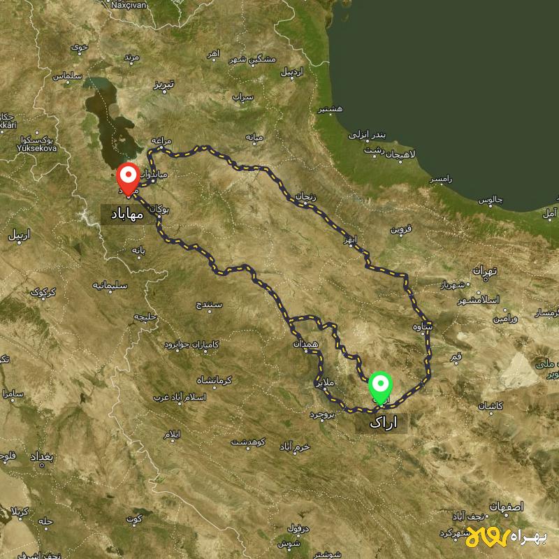 مسافت و فاصله مهاباد - آذربایجان غربی تا اراک از ۳ مسیر - اردیبهشت ۱۴۰۳