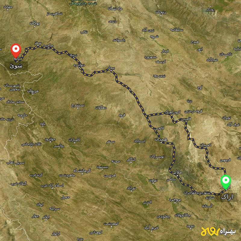 مسافت و فاصله شوێ - کردستان تا اراک از ۲ مسیر - شهریور ۱۴۰۳
