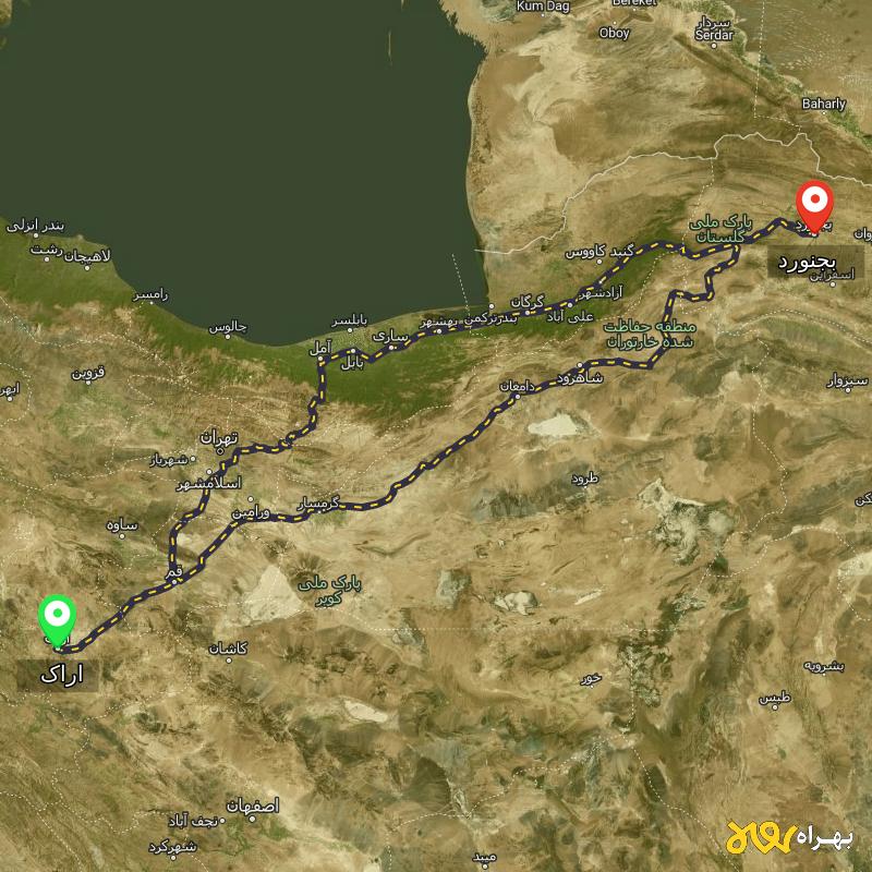 مسافت و فاصله بجنورد تا اراک از ۲ مسیر - اردیبهشت ۱۴۰۳