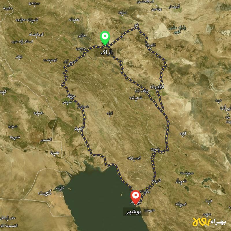 مسافت و فاصله بوشهر تا اراک از ۳ مسیر - مرداد ۱۴۰۳