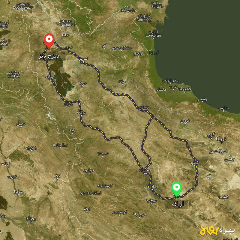 مسافت و فاصله دیزج دیز - آذربایجان غربی تا اراک از ۳ مسیر - مهر ۱۴۰۳