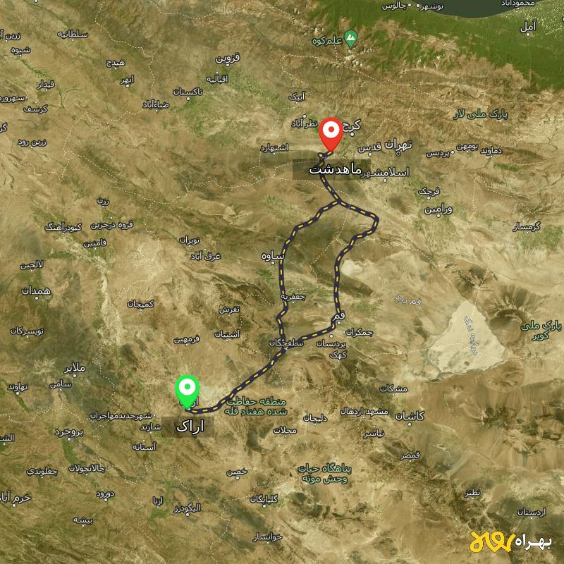 مسافت و فاصله ماهدشت - البرز تا اراک از ۲ مسیر - مرداد ۱۴۰۳