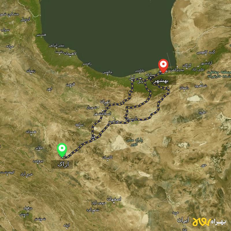 مسافت و فاصله بهشهر - مازندران تا اراک از ۳ مسیر - آذر ۱۴۰۳