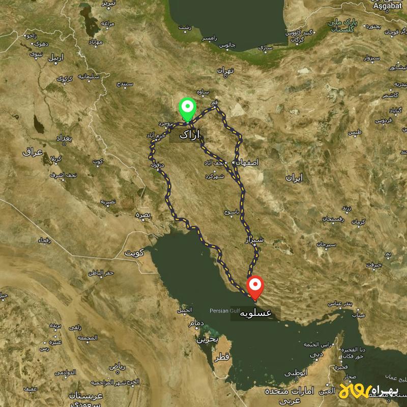 مسافت و فاصله عسلویه - بوشهر تا اراک از 3 مسیر - مسیریاب بهراه