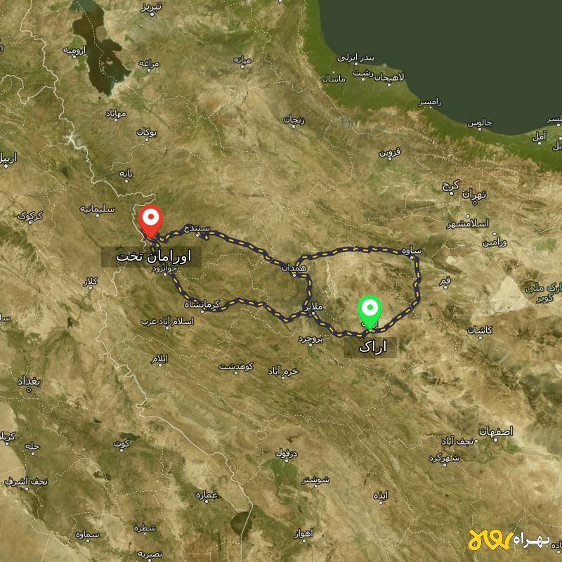 مسافت و فاصله اورامان تخت - کردستان تا اراک از ۳ مسیر - شهریور ۱۴۰۳