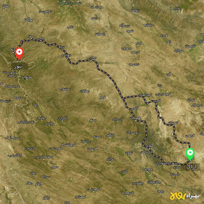 مسافت و فاصله ننور - کردستان تا اراک از ۲ مسیر - شهریور ۱۴۰۳