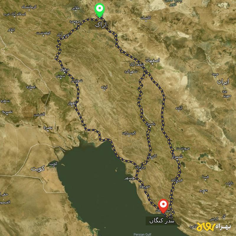 مسافت و فاصله بندر کنگان - بوشهر تا اراک از 3 مسیر - مسیریاب بهراه