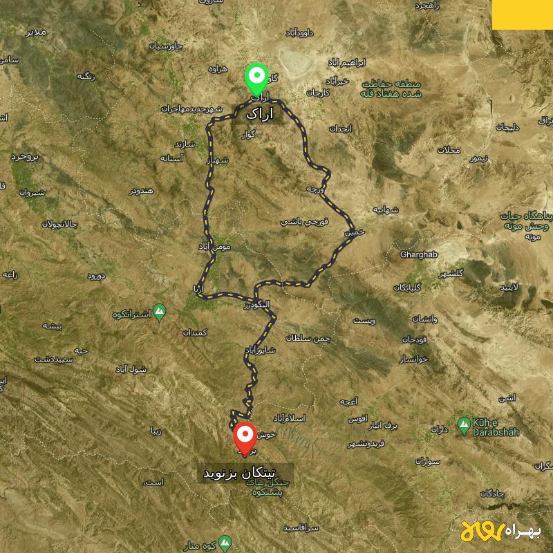 مسافت و فاصله تیتکان بزنوید - لرستان تا اراک از ۲ مسیر - شهریور ۱۴۰۳