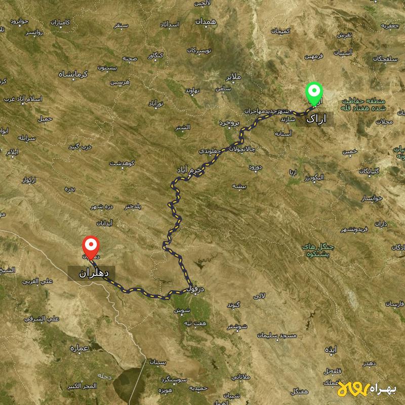 مسافت و فاصله دهلران - ایلام تا اراک - آذر ۱۴۰۳