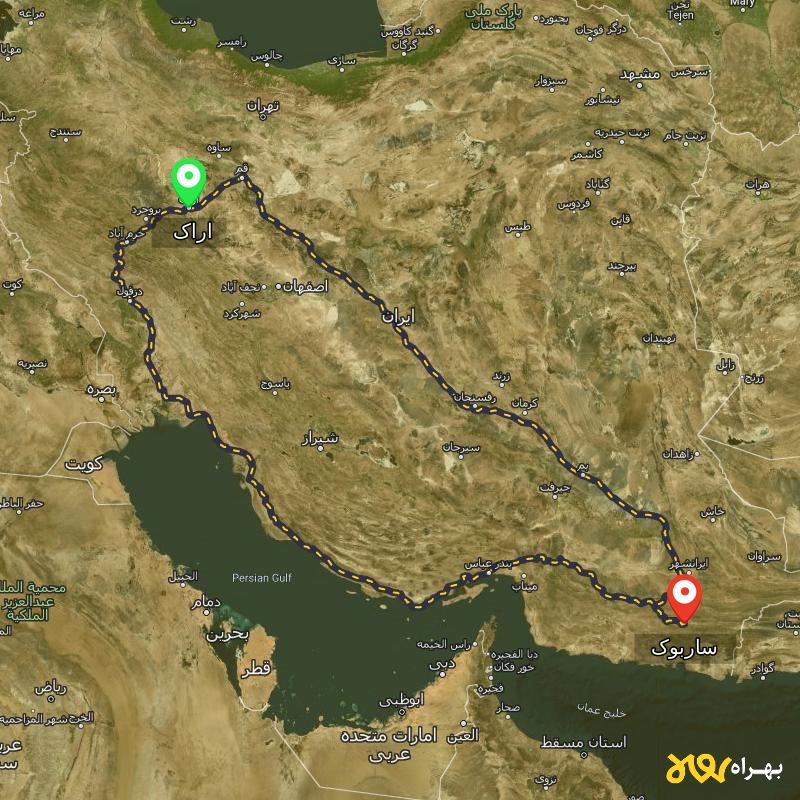 مسافت و فاصله ساربوک - سیستان و بلوچستان تا اراک از ۲ مسیر - شهریور ۱۴۰۳