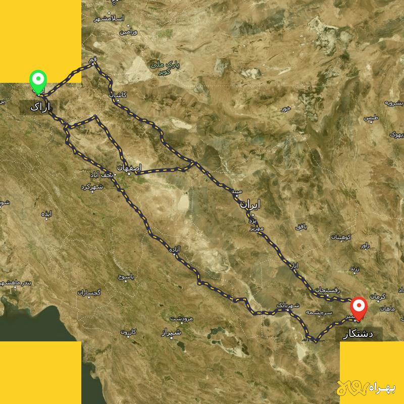مسافت و فاصله دشتکار - کرمان تا اراک از ۳ مسیر - شهریور ۱۴۰۳