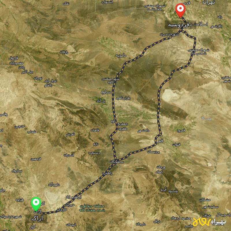 مسافت و فاصله فردوسیه - تهران تا اراک از ۲ مسیر - مرداد ۱۴۰۳