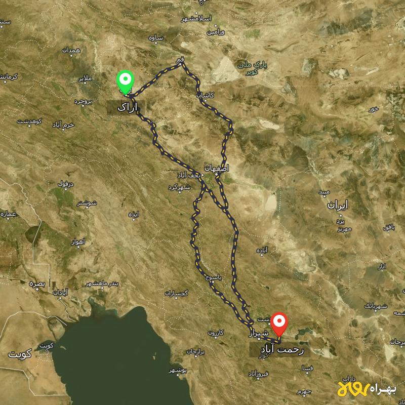 مسافت و فاصله رحمت آباد - فارس تا اراک از ۳ مسیر - شهریور ۱۴۰۳