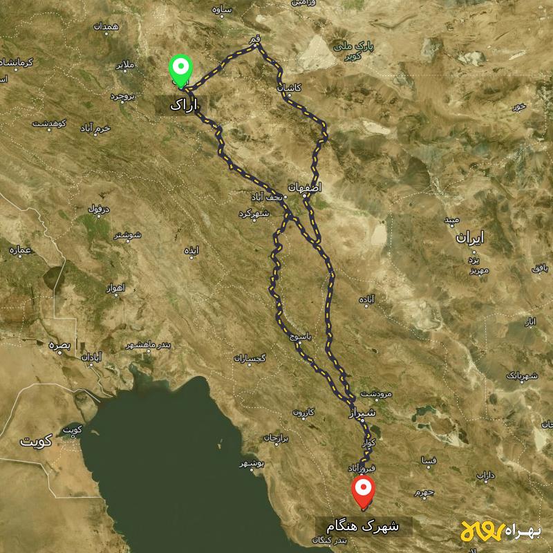 مسافت و فاصله شهرک هنگام - فارس تا اراک از ۳ مسیر - مرداد ۱۴۰۳