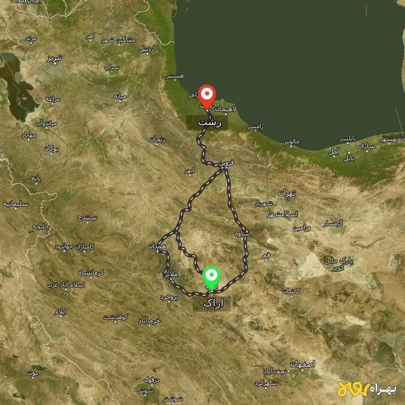 مسافت و فاصله رشت تا اراک از ۳ مسیر - مرداد ۱۴۰۳