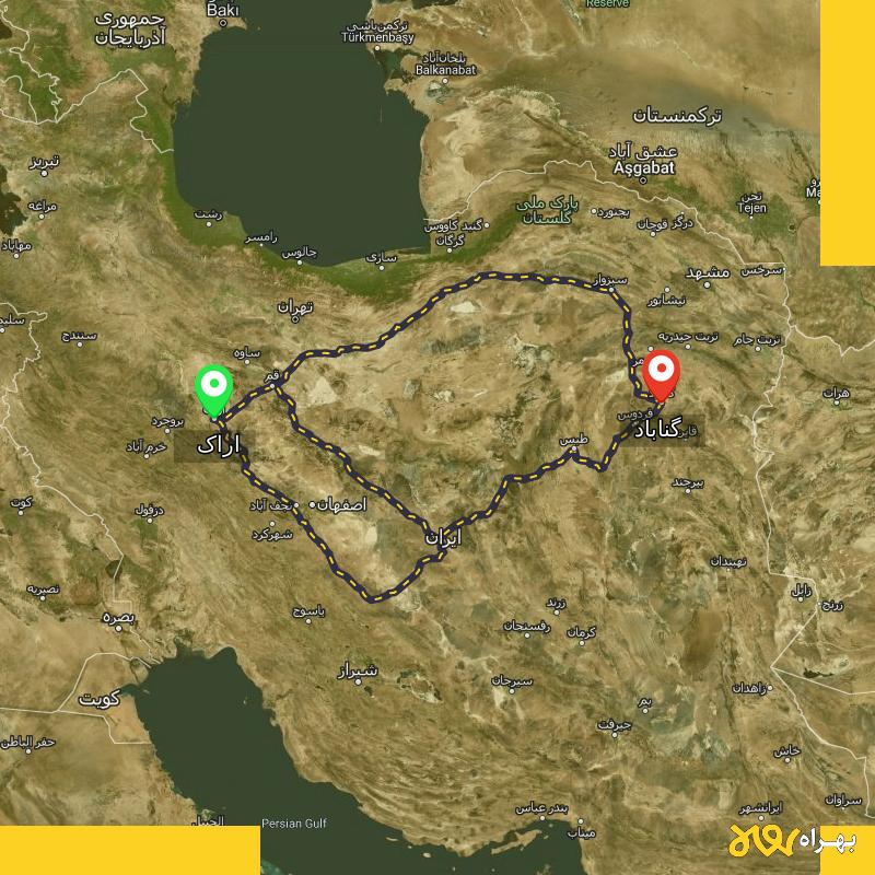 مسافت و فاصله گناباد - خراسان رضوی تا اراک از ۳ مسیر - آذر ۱۴۰۳