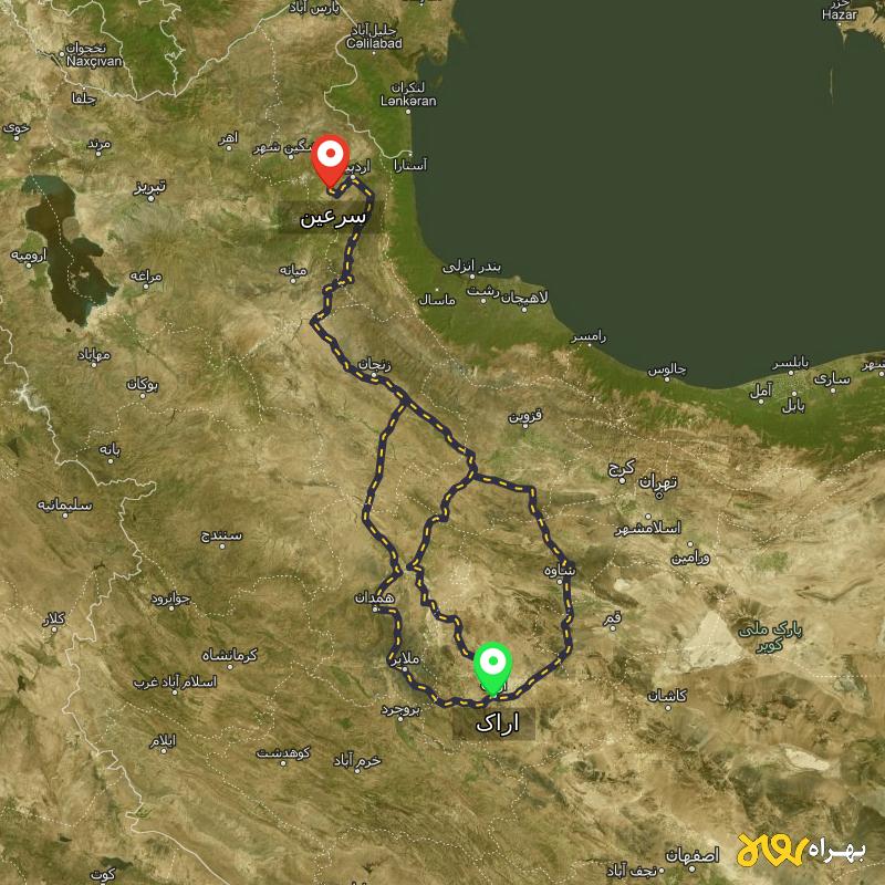 مسافت و فاصله سرعین - اردبیل تا اراک از ۳ مسیر - مرداد ۱۴۰۳