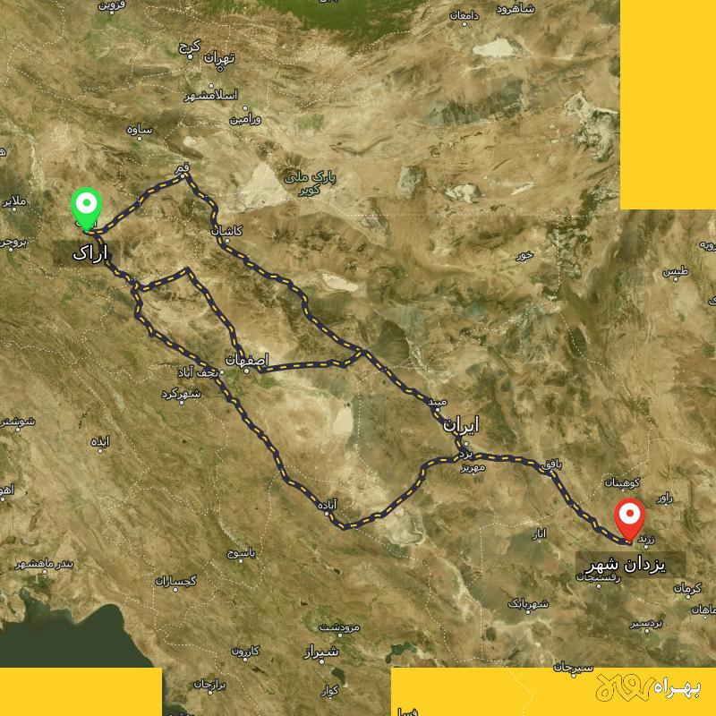مسافت و فاصله یزدان شهر - کرمان تا اراک از ۳ مسیر - آذر ۱۴۰۳