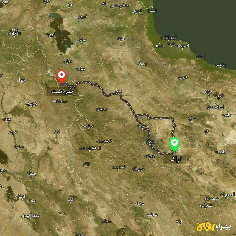 مسافت و فاصله سردشت - آذربایجان غربی تا اراک از ۲ مسیر - دی ۱۴۰۳