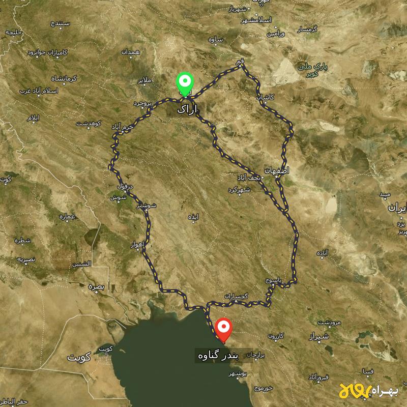 مسافت و فاصله بندر گناوه - بوشهر تا اراک از ۳ مسیر - اردیبهشت ۱۴۰۳
