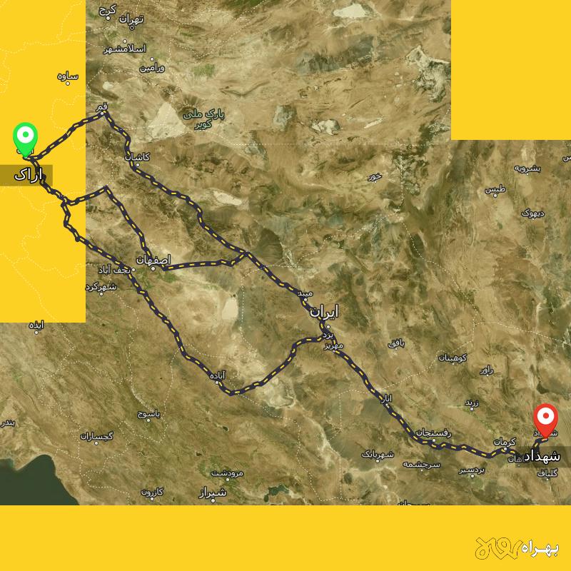 مسافت و فاصله شهداد - کرمان تا اراک از ۳ مسیر - دی ۱۴۰۳