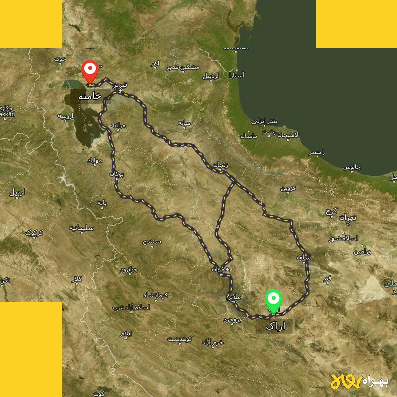 مسافت و فاصله خامنه - آذربایجان شرقی تا اراک از ۳ مسیر - آذر ۱۴۰۳