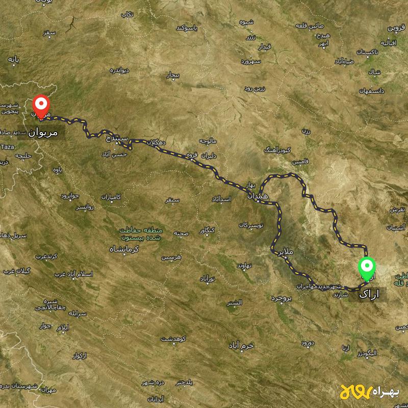 مسافت و فاصله مریوان - کردستان تا اراک از 2 مسیر - مسیریاب بهراه